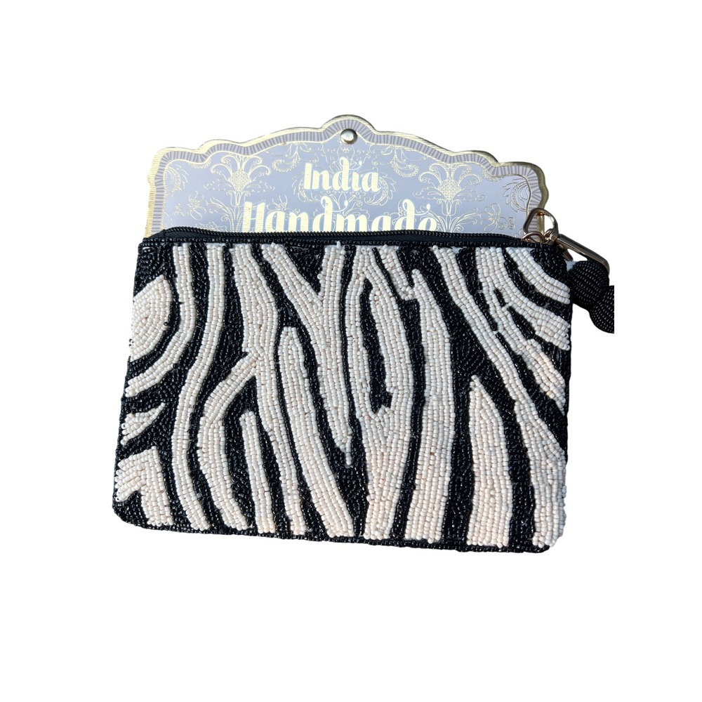 TikTok viral India Handmade Beaded Zebra Stripe Clutch Black Ivory Tassel NWT
